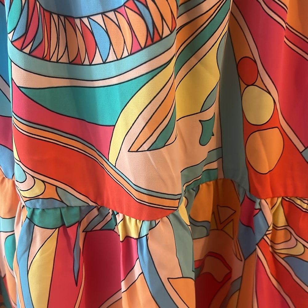 Short Sleeve Pink Abstract Geometric Print Tassel Tie Flared Dress! - Picture 4 of 5